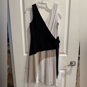 Dressbarn Asymmetrical Black and Cream Tie Front Dress